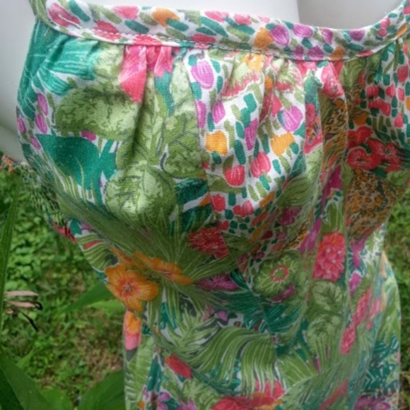Vintage jungle print A-line halter dress greenpink *HP* - Picture 4 of 8